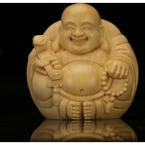 Wood Lucky Laughing Buddha Miniature Statue Hand carved Buddha statue Home car decoration figurines Chinese gift souvenirs