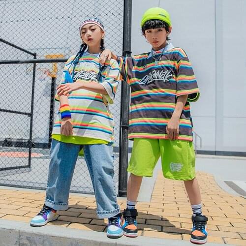 ChildrenS Day Street Dance Suit Kid Summer Striped T-Shirt Hiphop Pants Jazz Performance Costumes Hip Hop Rave Clothes DQS7034