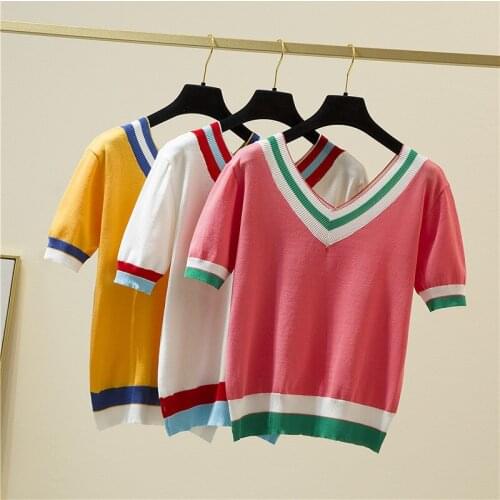 2021 V-Neck T Shirt Women Tshirt Contrast Color Striped Knitted Summer Top T-Shirt Woman Clothes Tee Shirt Femme Camisetas Mujer