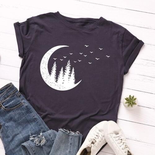Harajuku Moon Tree Graphic Print T Shirt 100% Cotton Short Sleeve Funny Tee Shirt Femme Nature Lover Tshirt Ladies Tops Summer