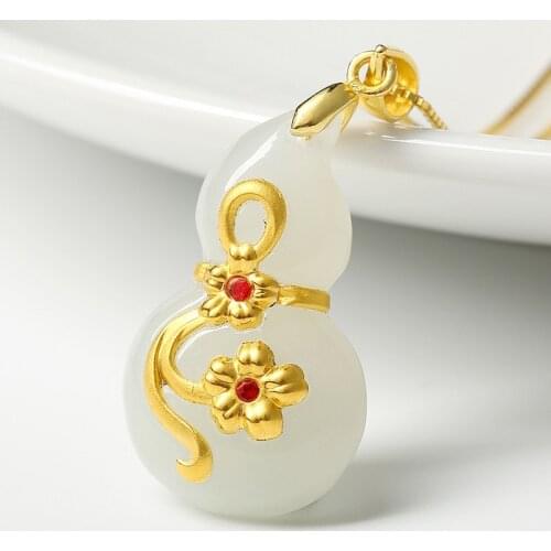 Natural Chinese HeTian White Jade Gourd Pendant Mosaic Gold Beautiful Jewelry Necklace Carved Fashion Charm Women Amulet Gifts