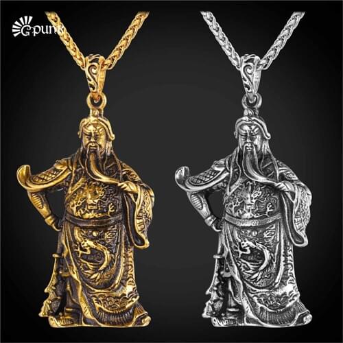 Never Fade 316L stainless steel jewelry men Chinese Guan Yu Pendant Necklace with gold color chain P2494G