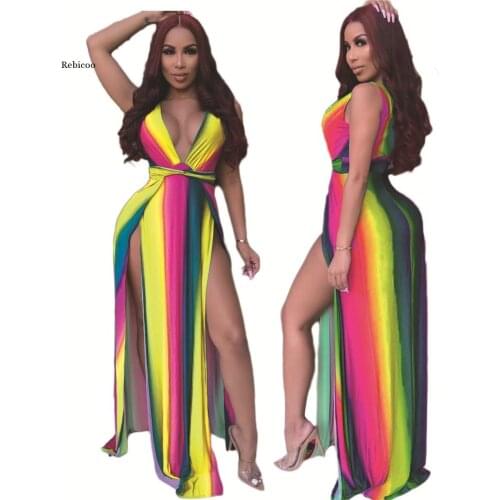 New Summer Rainbow Stripes Sexy Deep V-Neck High Side Split Maxi Dress Beach Club Party Long Dresses