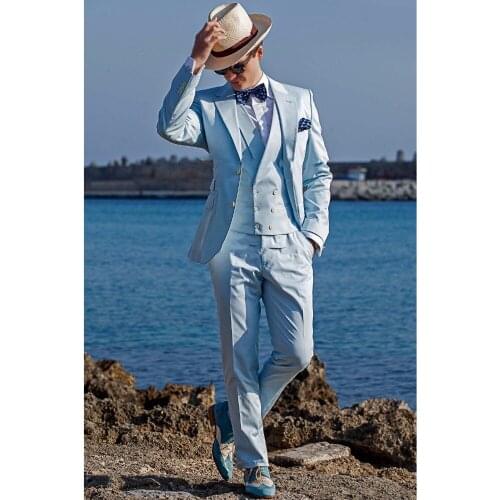 2021 New Arrival Groomsmen Notch Lapel Groom Tuxedos Baby Blue Men Suits Wedding Best Man Blazer ( Jacket+Pants+Tie+Vest )