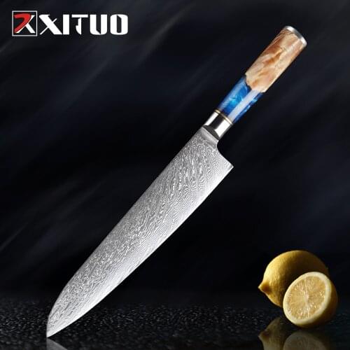 XITUO Ultra Sharp Damascus Steel VG10 Chef Knife Paring Knife Vegetable Kitchen knife Blue Resin Color Wood Handle Cooking Tool
