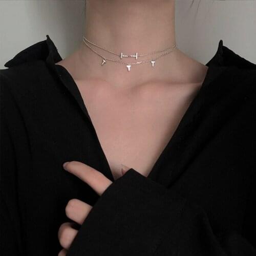 Original 925 Silver Character T-Tassel Unique Design Double-Layer Necklace Sexy Charming Women Choker Statement Girls Chic Party