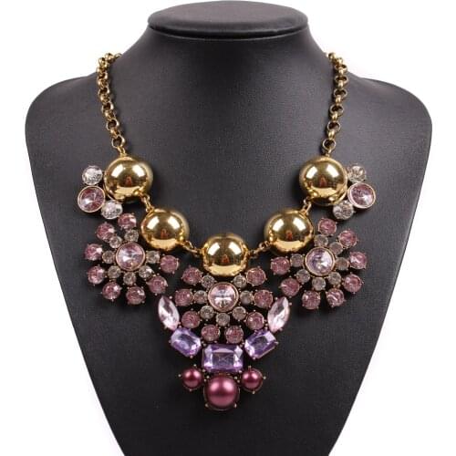 New Arrival Design Fashion Gold Color Chain Chunky Statement Flower Pendant Crystal Necklace for Girls Trendy Jewelry