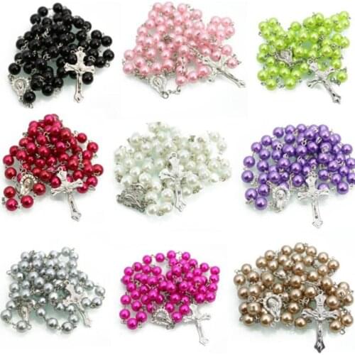 Multicolor Imitation Pearls Rosary Beads Necklace Handmade Jesus Cross Pendant Necklace Women Religious Catholic Prayer Jewelry