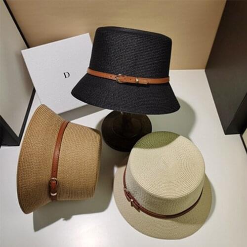 Fashion Womens Summer Panama 2021 Bucket Hat Belt Decoration Sun Protection Cap Female Flat Top Beach Hat Sun Hats Straw Hat