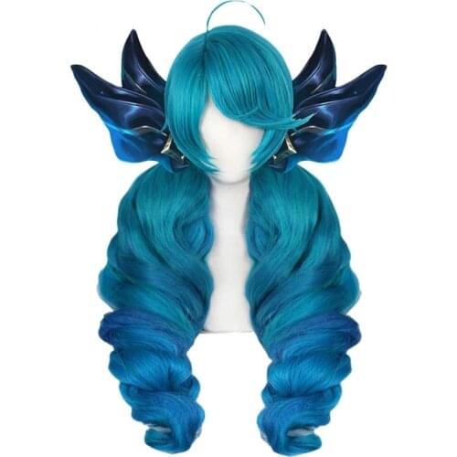 Game LOL Gwen Cosplay Wig Gradient Blue Wavy Side Part Gwen Wig with Bangs Ponytails Synthetic Hair for Halloween Party