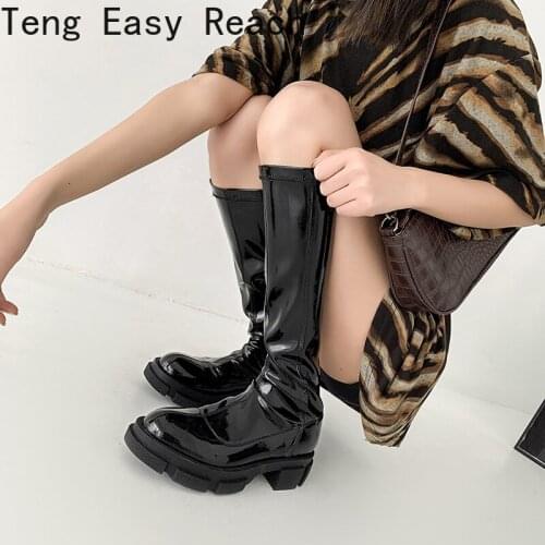 High quality cow leather platform Calf high boots round toe casual winter Autumn shoes zip dress over the knee boots