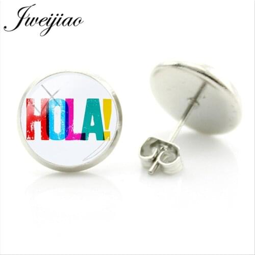 JWEIJIAO Spanish Hola Letter Stud Earrings Spain Flag Earrings Glass Cabochon Jewelry for Women Girl Gift SA17