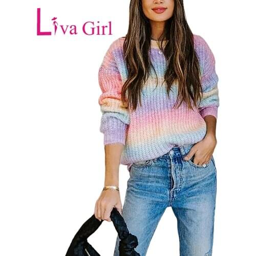LIVA GIRL Woman Striped O-Neck Loose Rainbow Sweater Female Fall Winter Warm Knitted Tops Ladies Casual Plus Size Pullovers XL