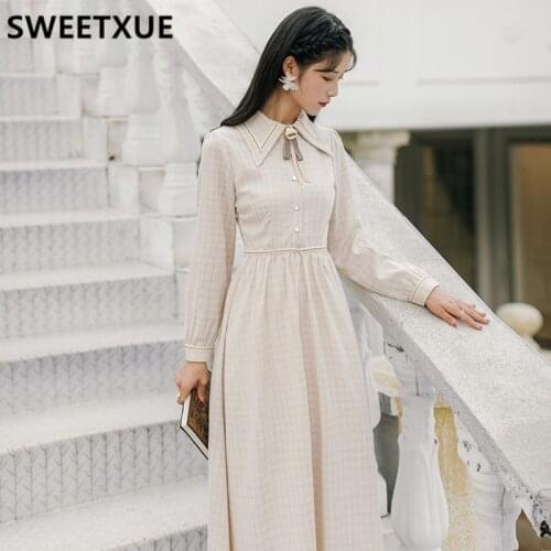 SWEETXUE Preppy Style 2021 Women Spring Fall Long Sleeve Turn Down Collar Bow Plaid Long Dresses Female Hot-Sell