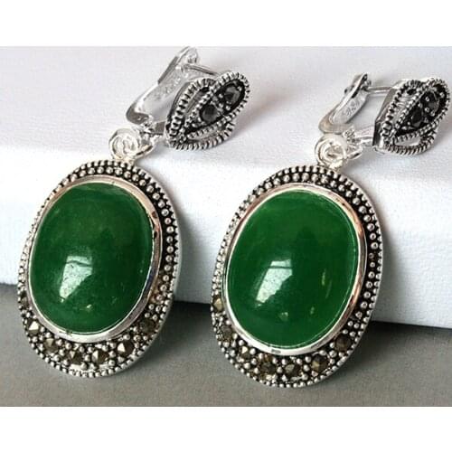 VINTAGE 925 SILVER GREEN JADE MARCASITE DANGLE HOOK EARRING 11/2"