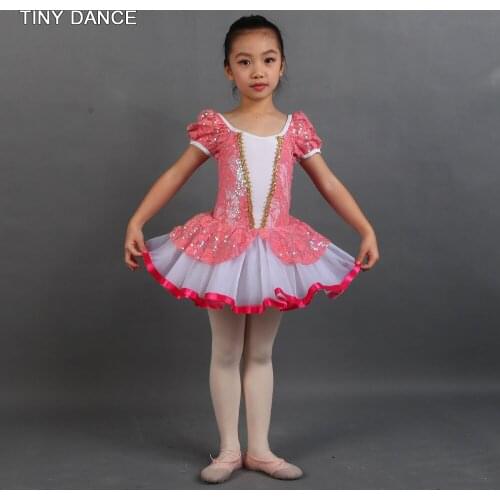 Hot Pink Short Sleeve Ballet Tutu Leotard Dress for Kids Stage Performance Tutu Costume Dancewear Sequin Dresses 20505