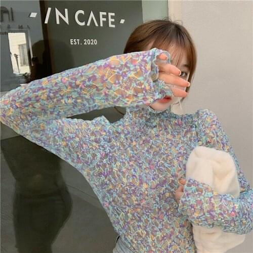 Women Long Sleeve Floral Printed T-Shirt Korean Chic Slim Fit Turtleneck Basic Tshirts Y2k Indie Female Casual New Tops Tees