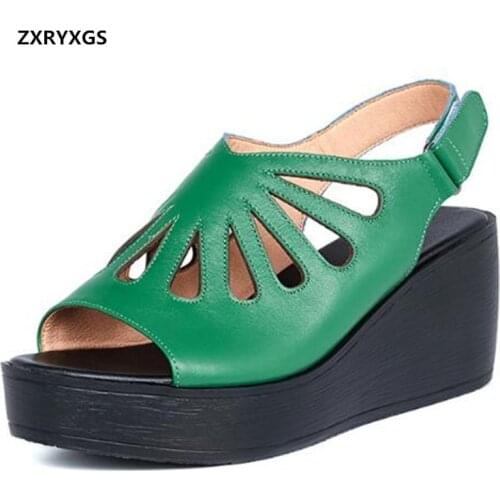2021 Fish Mouth Hollow Top Soft Cowhide Leather Sandals Light Platform Shoes Woman Wedges Sandals Large Size Sandals Women Shoes