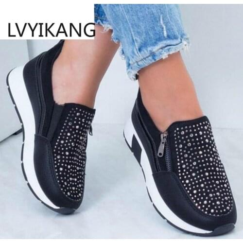 2020 New Women Crystal Sneakers Spring Autumn Casual Zipper Flat Shoes women Non-slip Breathable Outdoor Vulcanized Shoes woman