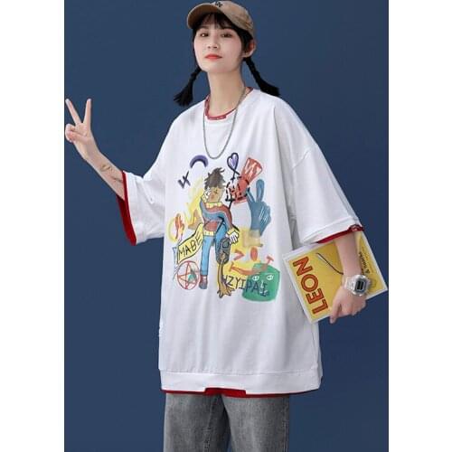 KULIQI Girls Short Sleeve Cartoon Cotton T-shirts Women Summer Breathable Loose Tees Swag Big Size tshirts for Female