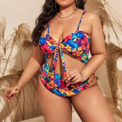 Plus Size 6XL 8XL Print One Piece Set Swimsuit Bikini Deep V-Neck Hollow Out Bandage Swimwear Summer Women Holiday Beach