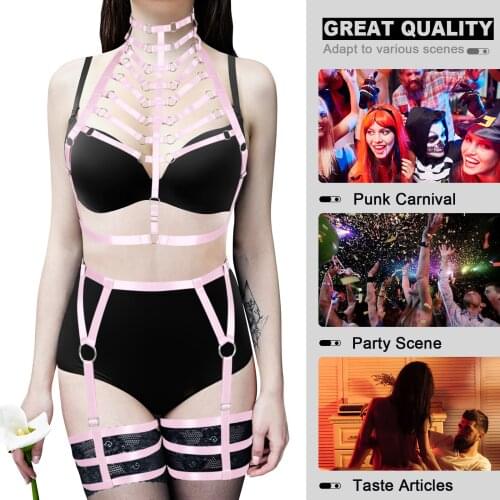 Adult Pink Sexy Bodysuit Full Body Harness Cage Bra Bdsm Erotic Harness Lingerie Women Garter Belt Leg Bondage Suspenders Goth