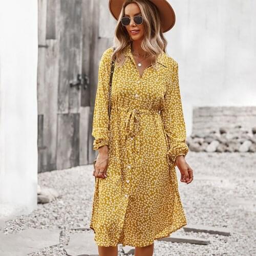 Sweet Yellow Print Women Autumn Long Sleeve Casual Dress Slim Turn-down Collar Ladies Chic Button Ruffles Dresses Robe 2021