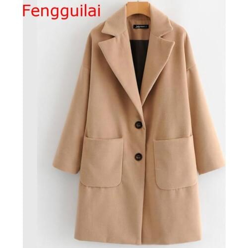 Fengguilai Womens 2019 Autumn New Beige Double-breasted Pocket Lapel Coat Womens Jacket Warm Woolen Coat