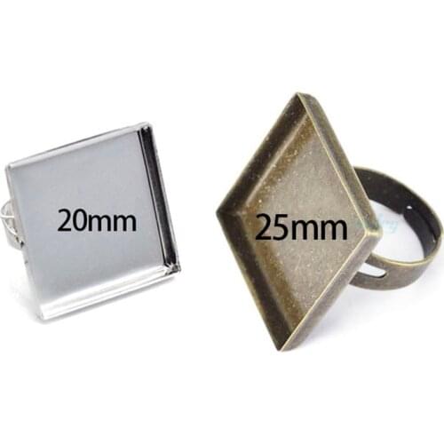 10pcs 25mm Adjustable Silver Plated Ring Base Setting Blanks With 1 Inch Square Bezel For DIY Cabochon Jewelry Findings