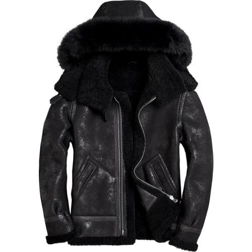 2020 New Fox Fur Trimmed Hooded Real Fur Shearling Jacket Black Slim Classic Winter Real Natural Sheepskin Clothing