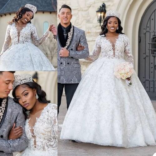 Princess Ball Gown Wedding Dresses Sheer V Neck 3D Appliques Lace Long Sleeve Bridal Gowns Puffy Floor Length Bride Dress