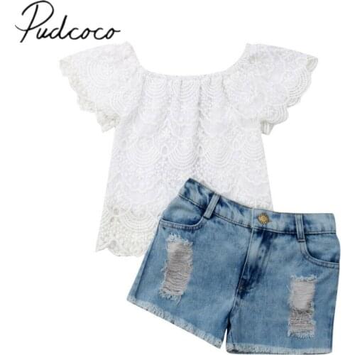 2019 Baby Summer Clothing Kids Baby Girl Outfit Clothes 2PCS Sets Lace Floral Tops Shirts +Ripped Denim Short Pants Outfits 1-6Y