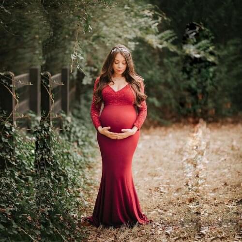 Women V Collar Long Dress Maternity Photography Props Lace Pregnancy Clothes Elegant Maternity Dresses for Pregnant Photo Shoot
