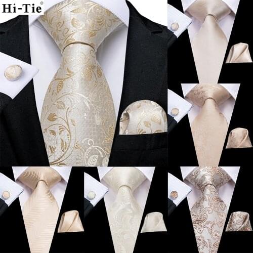 Hi-Tie Champagne Beige Floral Design Silk Wedding Nicktie For Men Hanky Cufflink Gift Mens Tie Set Business Party Dropshipping
