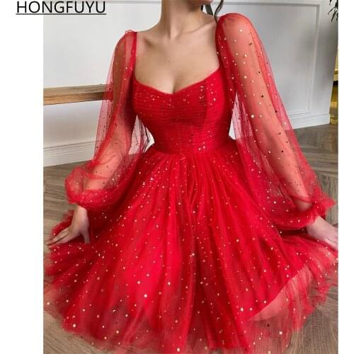 HONGFUYU Starry Tulle Red Short Prom Dresses Golden Star See Though Long Sleeves A Line Evening Cocktail Dress платье 2021
