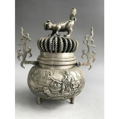 China old Antiques Tibetan silver XUANDE old man deer kylin Incense Burners