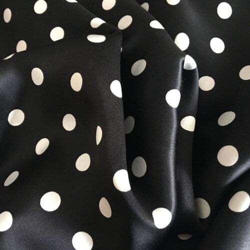Classic black silk crepe satin and white dot design / 0.5 m