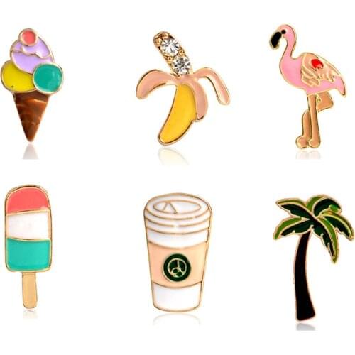 Summer Palm Tree Pink Flamingo Ice Cream Popsicles Banana Coffee Cups Pins Button Animal Metal Brooch Bag Collar Badge Jewelry