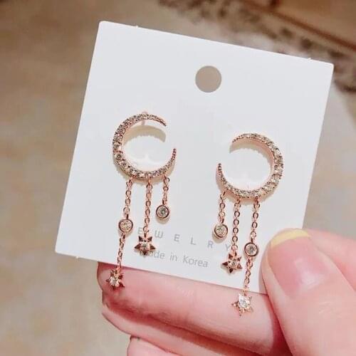 Moon Star Long Tassel Drop Earrings Zircon Dangle Earrings