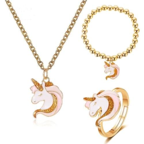 Cute Cartoon Unicorn Pendant Jewelry set For Women Girls Fashion Animal Charms Necklace Bracelet Ring Birthday Gifts