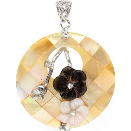 Trendy-beads Silver Plated Leaf Round Hollow Pendant Abalone Shell with 2 Flower Romantic Jewelry