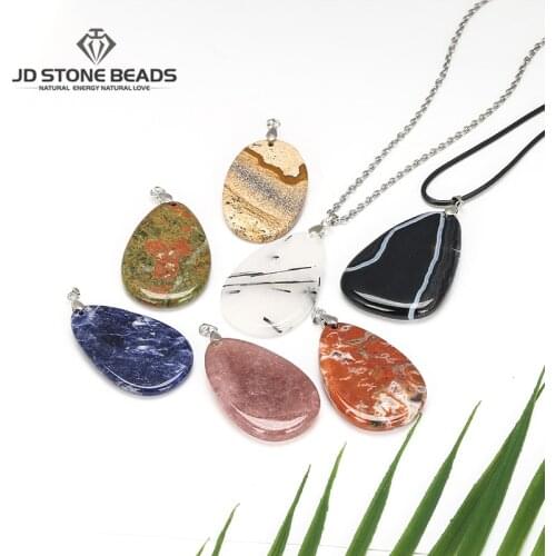 Wholesale Natural Stone Pendants Tiger Eye Pink Quartz India Agate Amethyst Necklace Drop Shape Charm For Women Healing Jewelry