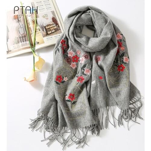 [PTAH] Women Thick Softer Cashmere Wool Shawl Wrap Scarf Stole Autumn Winter Temperament Elegant Embroidery Wool Scarf 200*60cm