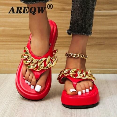 Womens Sandals Womens Slippers Fashion Gold Chain Sandals Round Head Slippers Flat Heel Casual Slippers Size 35-43
