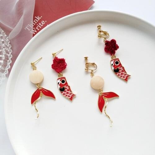 Clip on Earrings No Pierced Ears Japanese Style Red Lucky koi Fish Clip Earrings Without Piercing Women special Cute