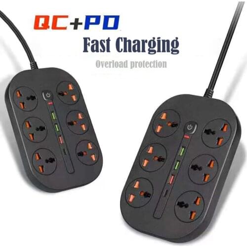 PD 20W QC 3.0 6 AC Outlets Power Strip Multi Plug with USB Fast Charging Ports Socket Adapter US UK EU AU Power Socket
