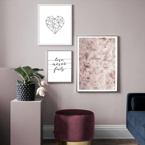 Scandinavian Minimalist Style Pink Feather Heart Canvas Poster and Prints Wall Art Painting Nordic Decoration Picture Home Decor