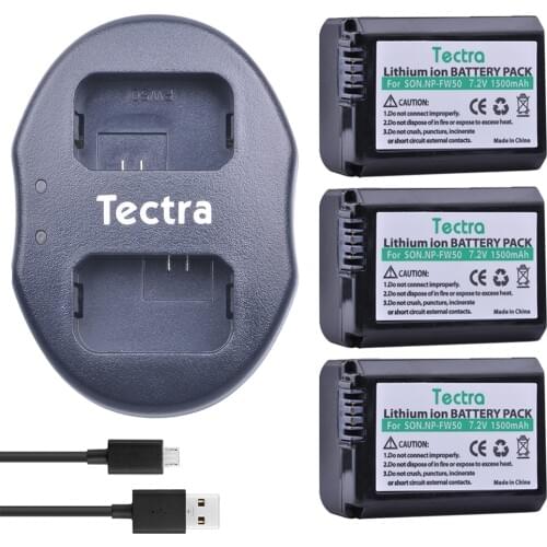 Tectra 3Pcs NP-FW50 NP FW50 NPFW50 Battery + USB Dual Charger for Sony Alpha 7 a7 7R a7R 7S a7S a3000 a5000 a6000 NEX-3 Bateria