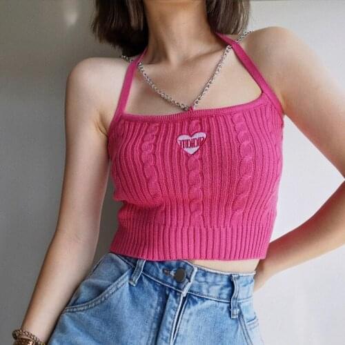 TVVOVVIN Sexy Womens Love Embroidery Sexy Slim Navel Chain Halter Neck Strap Halter Camisole Woolen Square Collar Vest PMRB