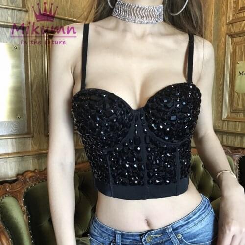 Gorgeous Rhinestone Push Up Bustier Corset Sexy Party Womens Bra Cropped Top Vest Camis Mujer